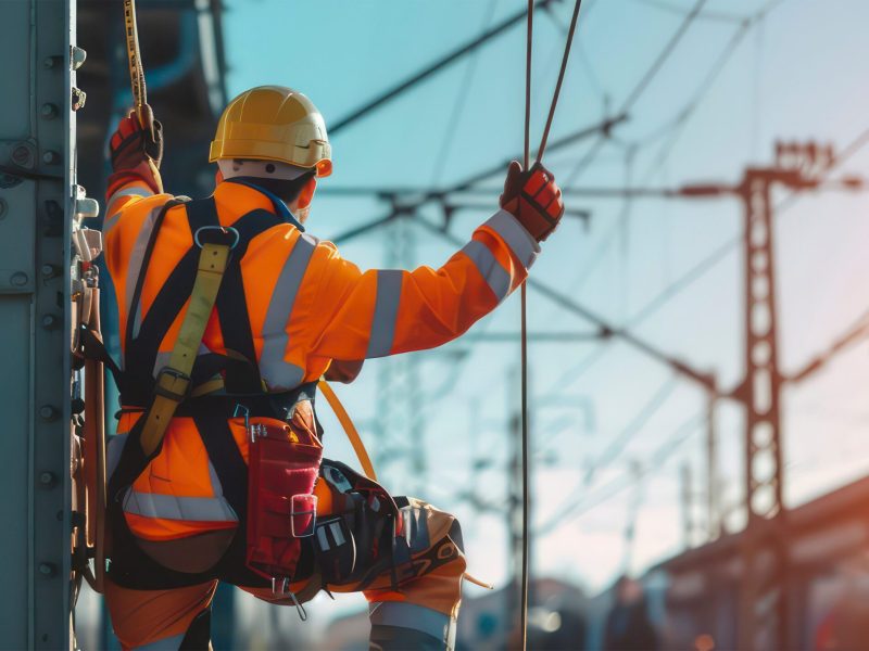 railway engineer working at height safely on the power cables